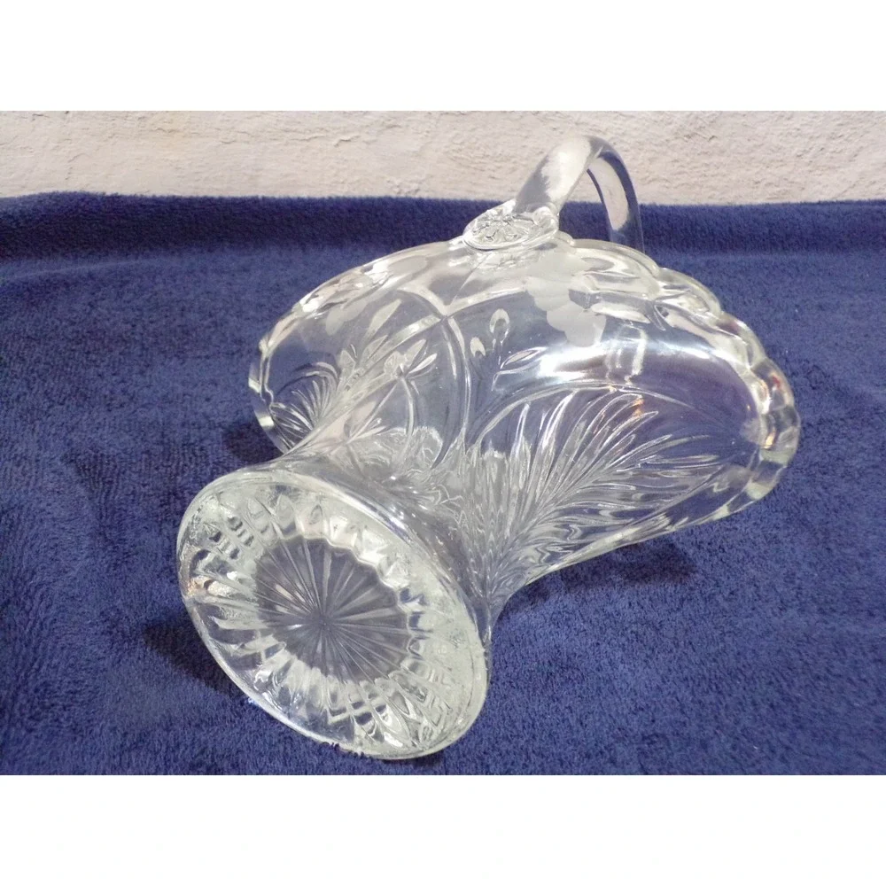 Brides Glass‎ Flower Basket w/Etched Flowers and Button Handle